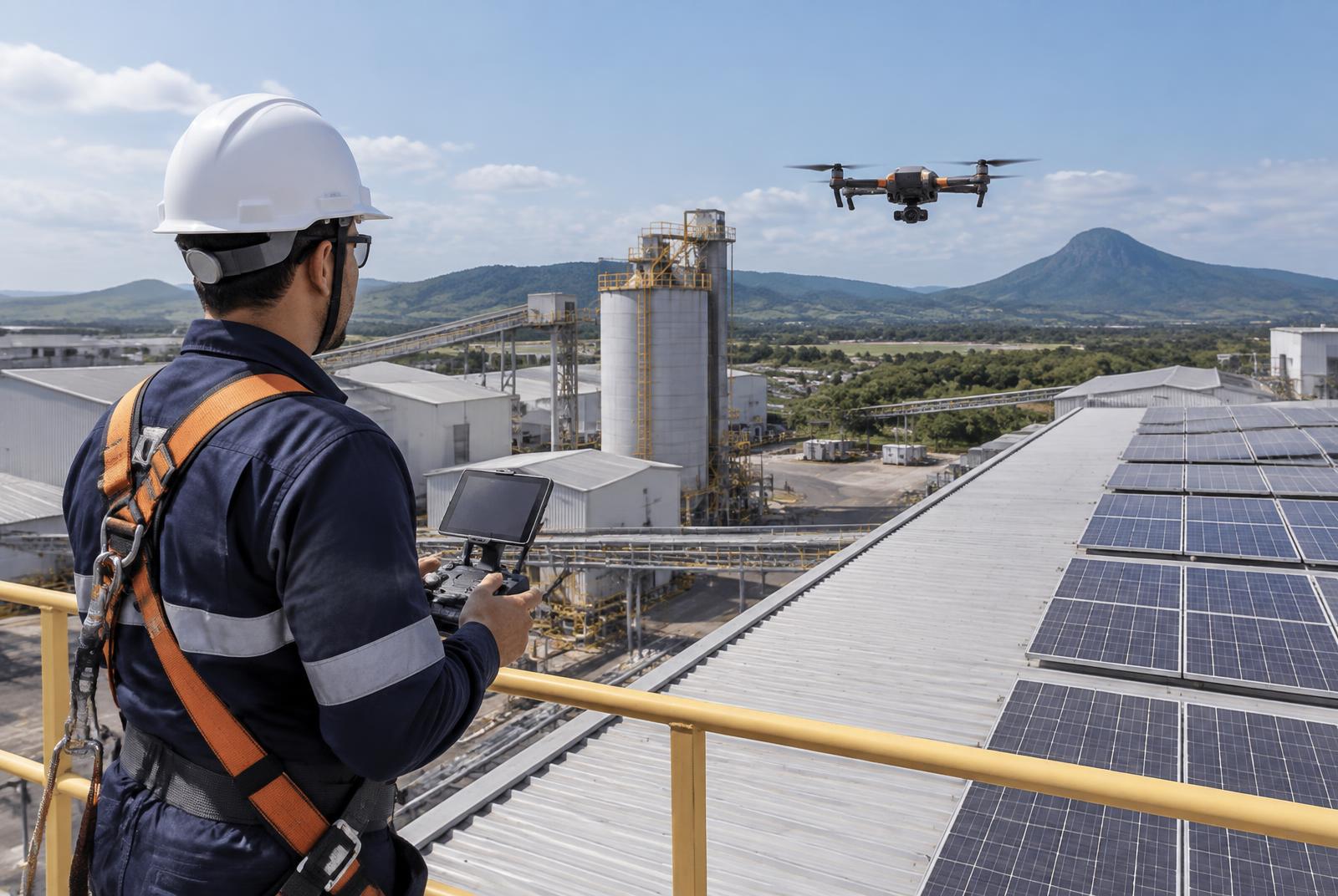 Operador realizando inspeção industrial com drone